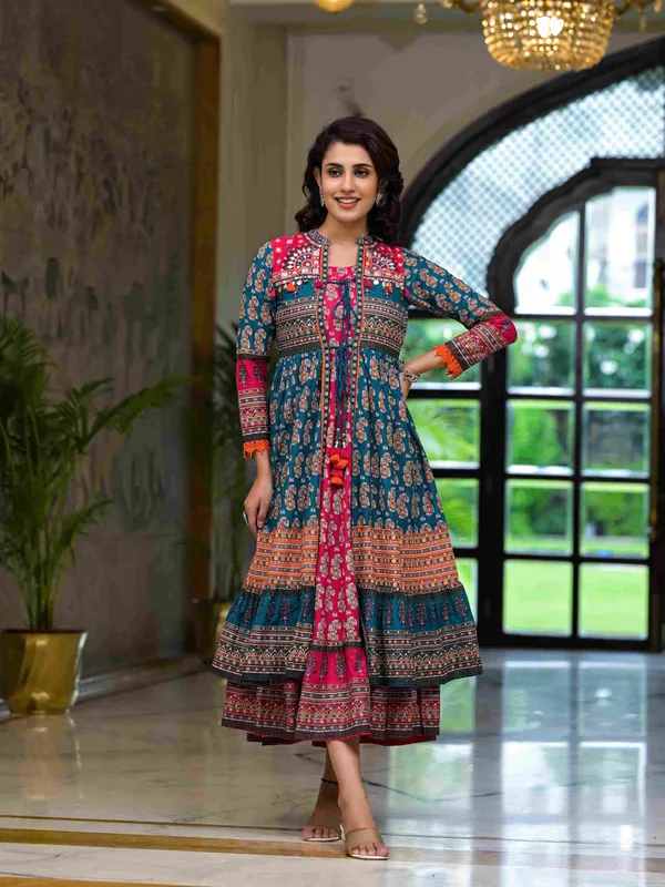 Teal_Cotton_Flared_Printed_Ethnic_Dress_Set_For_Women