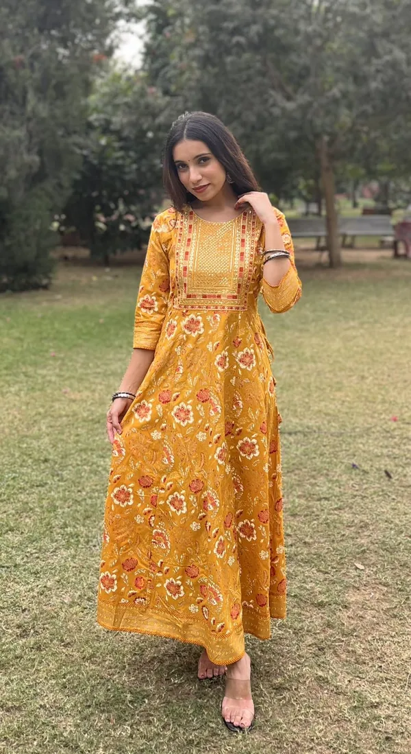 Mustard_Cotton_Printed_Anarkali_Dress_With_Sequin_Thread_Work_For_Women