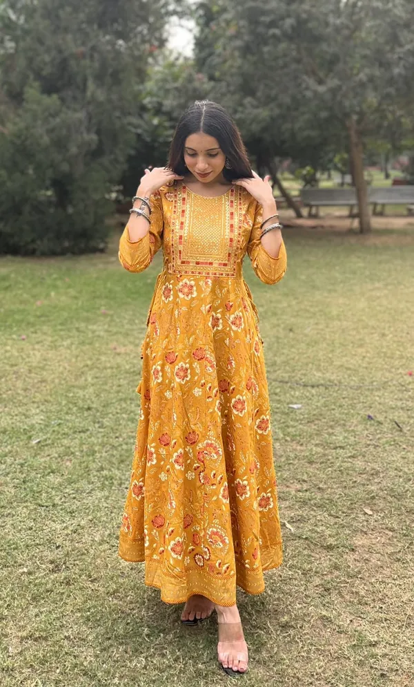 Mustard_Cotton_Printed_Anarkali_Dress_With_Sequin_Thread_Work_For_Women