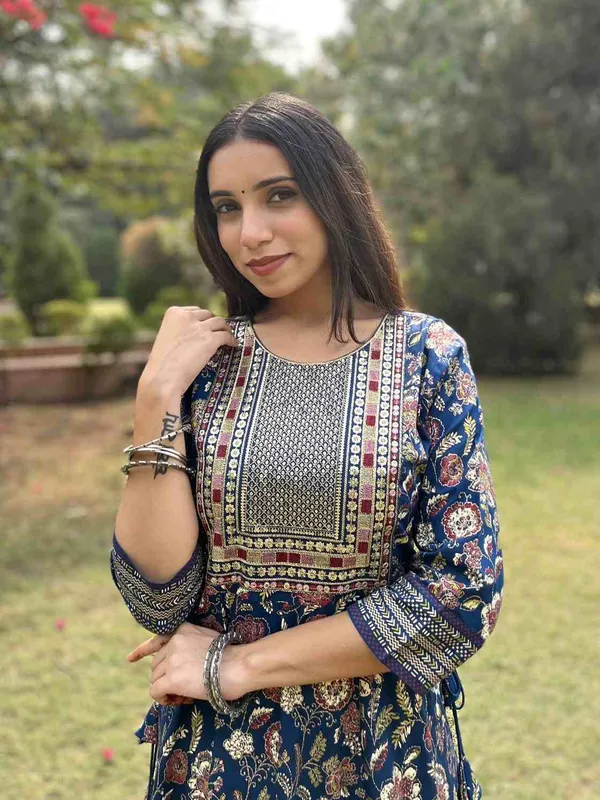 Blue_Cotton_Flared_Anarkali_Dress_With_Thread_Sequin_Work_For_Women
