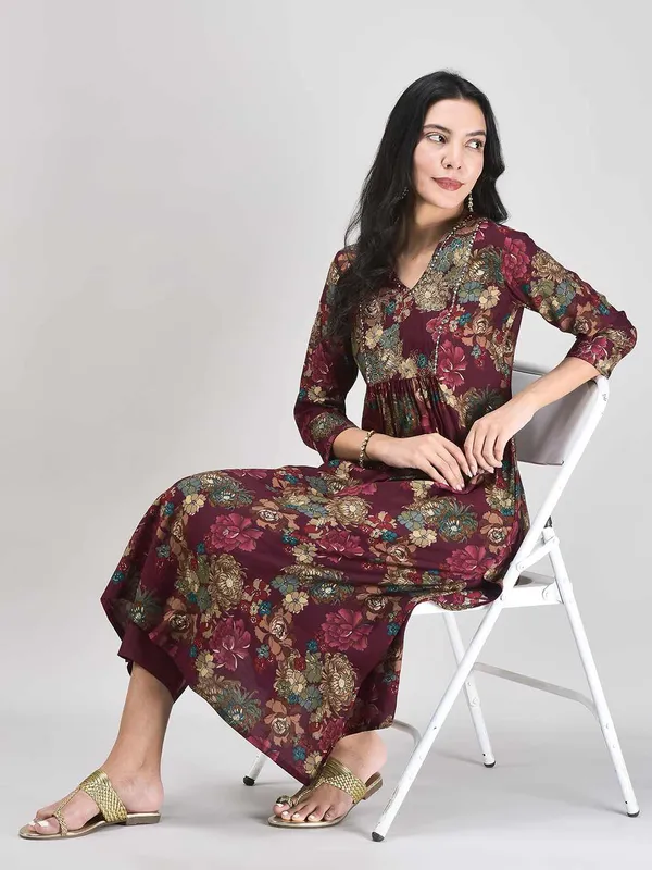 Maroon_Muslin_Floral_Printed_A_Line_Kurta_Set_For_Women