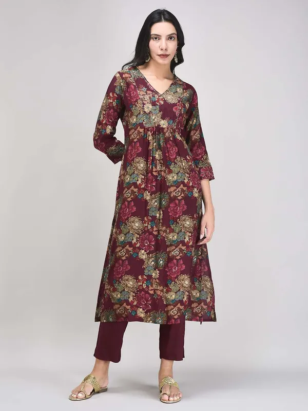 Maroon_Muslin_Floral_Printed_A_Line_Kurta_Set_For_Women