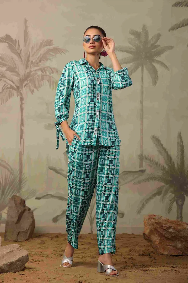 Turquoise_Rayon_Sequin_Work_Printed_Co_Ord_Set_For_Women