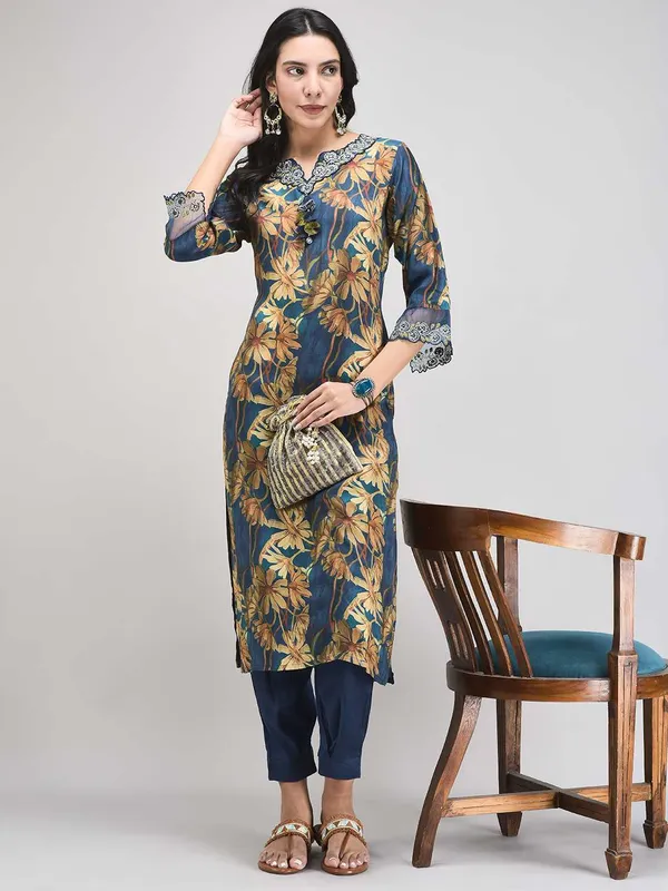 Dark_Blue_Modal_Floral_Printed_Kurta_Pant_Set_For_Women