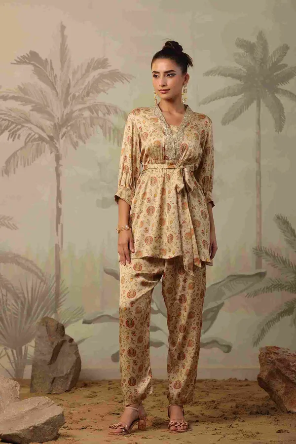 Beige_Satin_Floral_Printed_Belted_Co_Ord_Set_For_Women