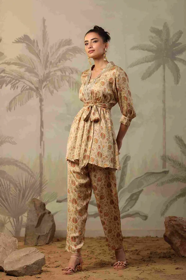 Beige_Satin_Floral_Printed_Belted_Co_Ord_Set_For_Women