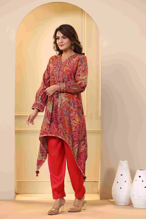 Red_Modal_Asymmetrical_Hemline_Kurta_Pant_Set_For_Women