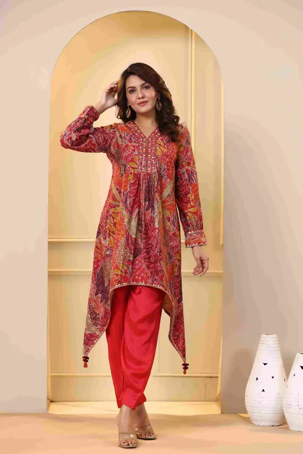 Red_Modal_Asymmetrical_Hemline_Kurta_Pant_Set_For_Women
