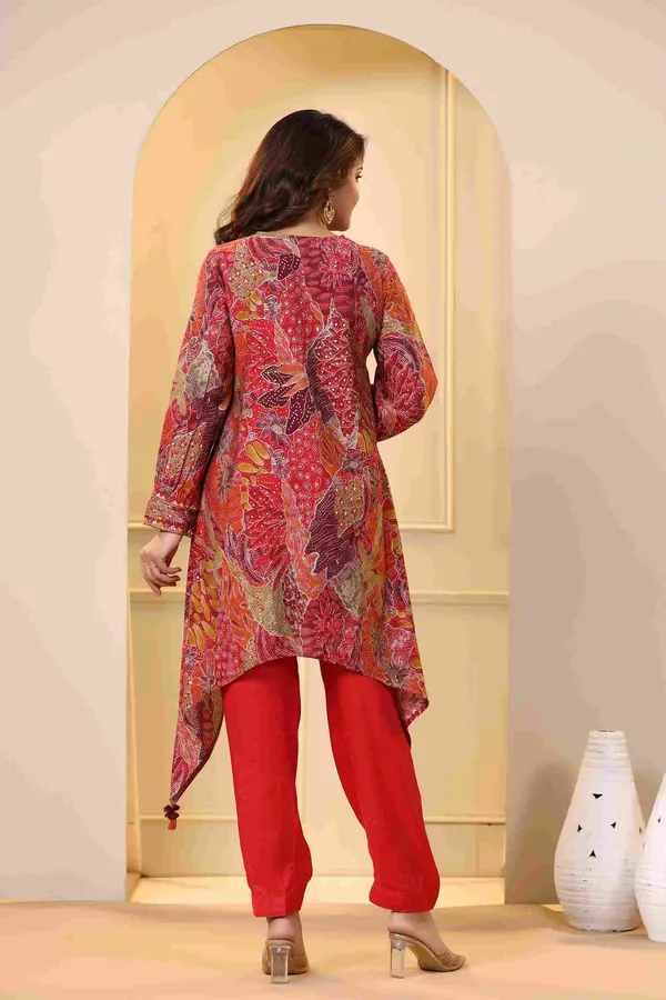 Red_Modal_Asymmetrical_Hemline_Kurta_Pant_Set_For_Women