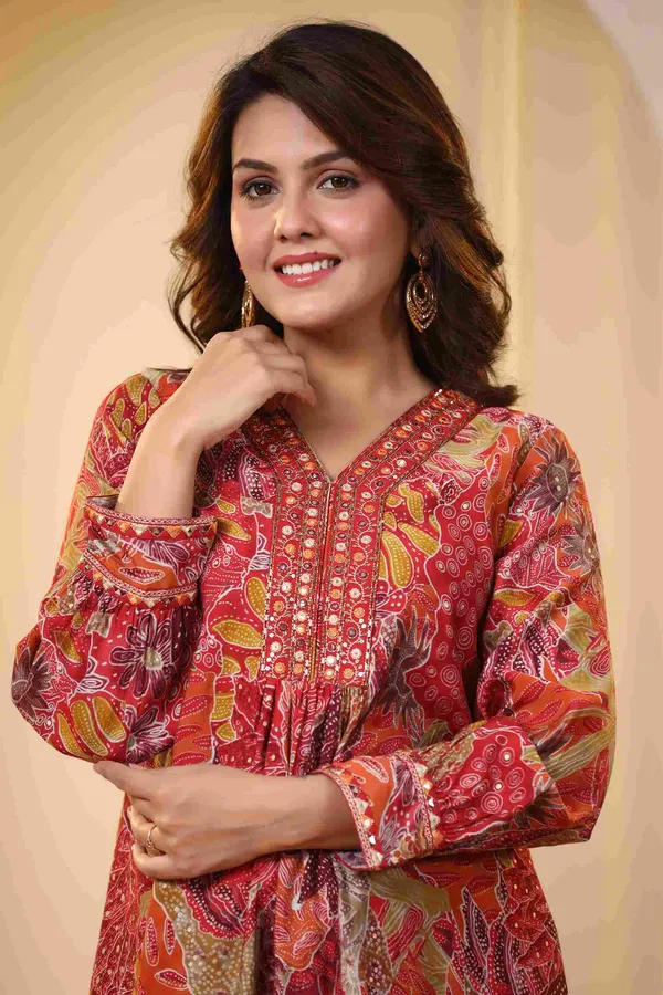 Red_Modal_Asymmetrical_Hemline_Kurta_Pant_Set_For_Women