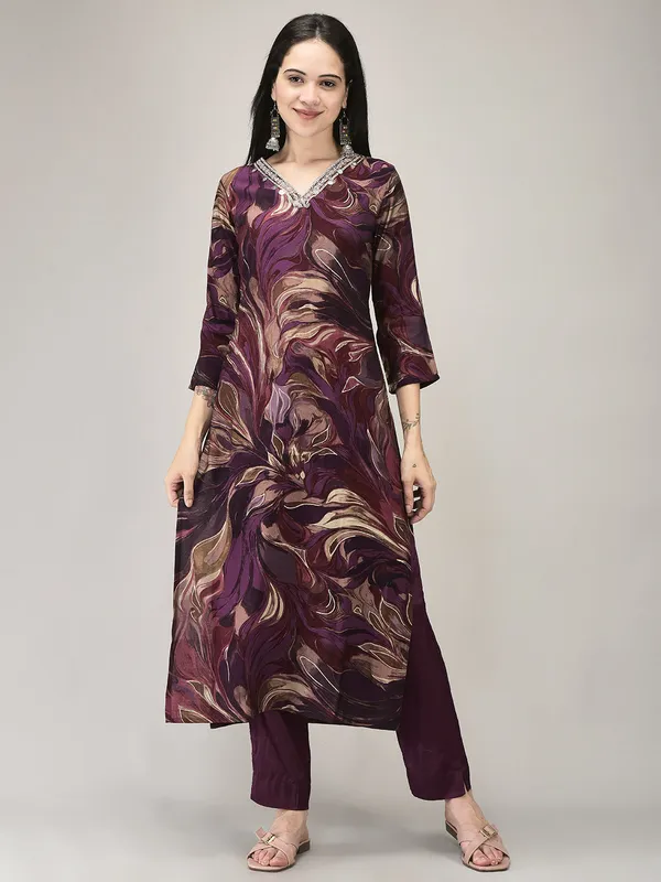 Wine_Modal_Printed_Kurta_Pant_Set_For_Women