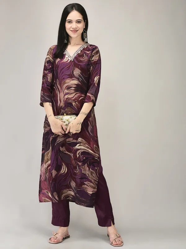Wine_Modal_Printed_Kurta_Pant_Set_For_Women