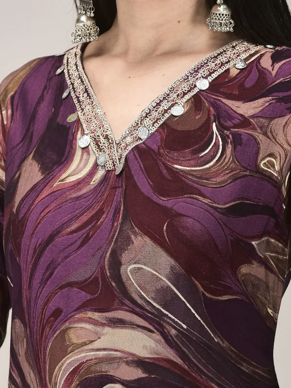 Wine_Modal_Printed_Kurta_Pant_Set_For_Women
