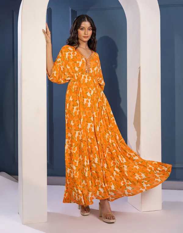 Orange_Crepe_Floral_Printed_Long_Dress_For_Women