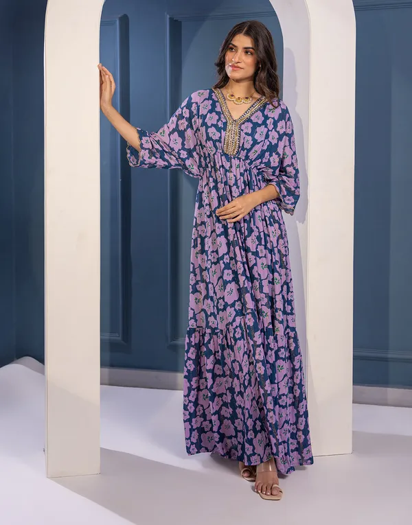 Blue_Crepe_Floral_Printed_Flared_Long_Dress_For_Women