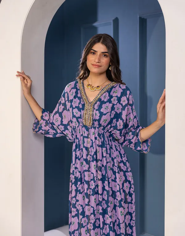 Blue_Crepe_Floral_Printed_Flared_Long_Dress_For_Women