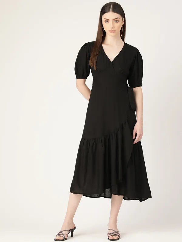 Black_Rayon_Plain_Wrap_Style_Midi_Dress_For_Women