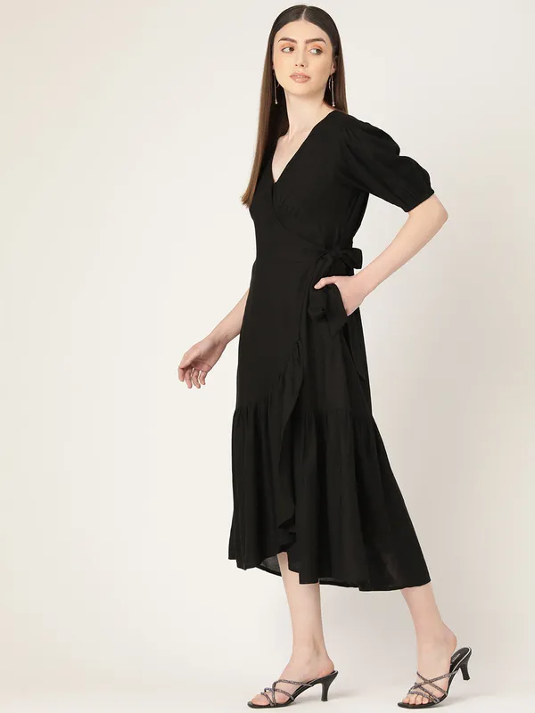 Black_Rayon_Plain_Wrap_Style_Midi_Dress_For_Women