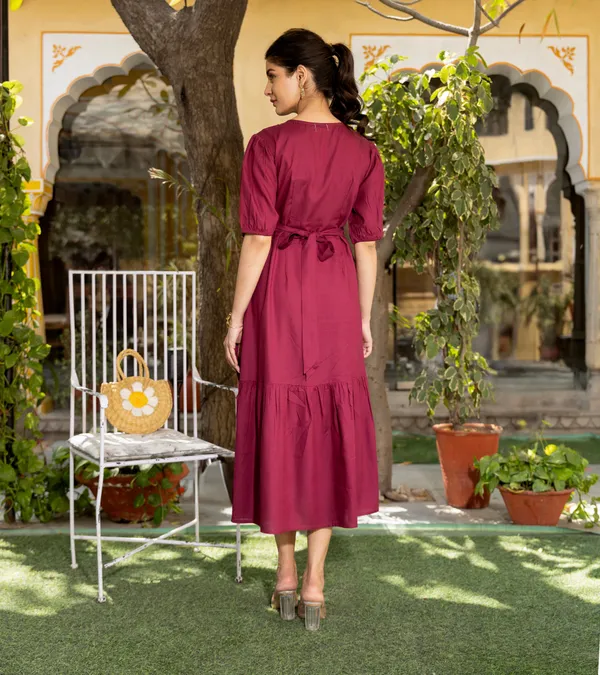 Maroon_Rayon_Wrap_Style_Midi_Dress_With_Pocket_For_Women