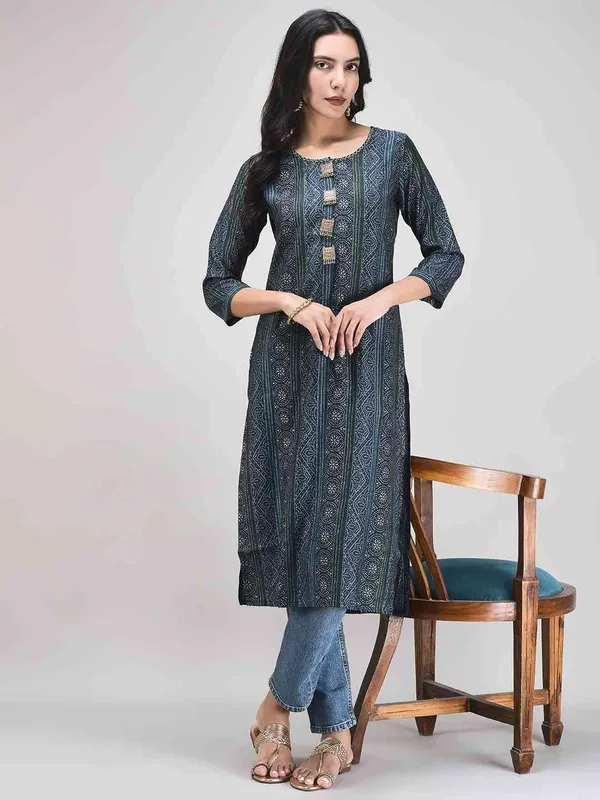 Midnight_Blue_Muslin_Straight_Bandhani_Print_Kurta_For_Women