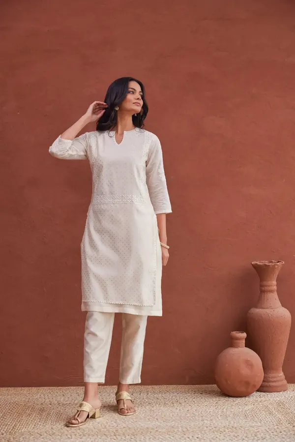 Off_White_Cotton_Polka_Dot_Printed_Kurta_Set_For_Women