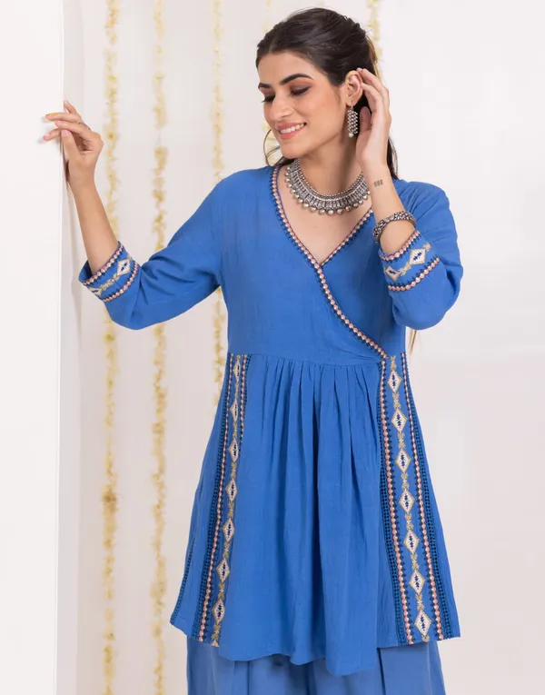 Blue_Cotton_Angrakha_Kurta_Dhoti_Pant_Set_For_Women