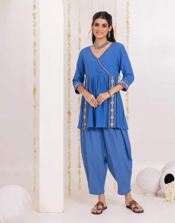 Blue_Cotton_Angrakha_Kurta_Dhoti_Pant_Set_For_Women