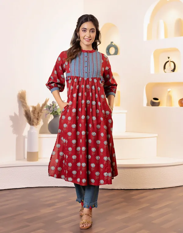 Red_Cotton_Fabric_Ethnic_Kurta_With_Pockets_And_Pants_For_Women