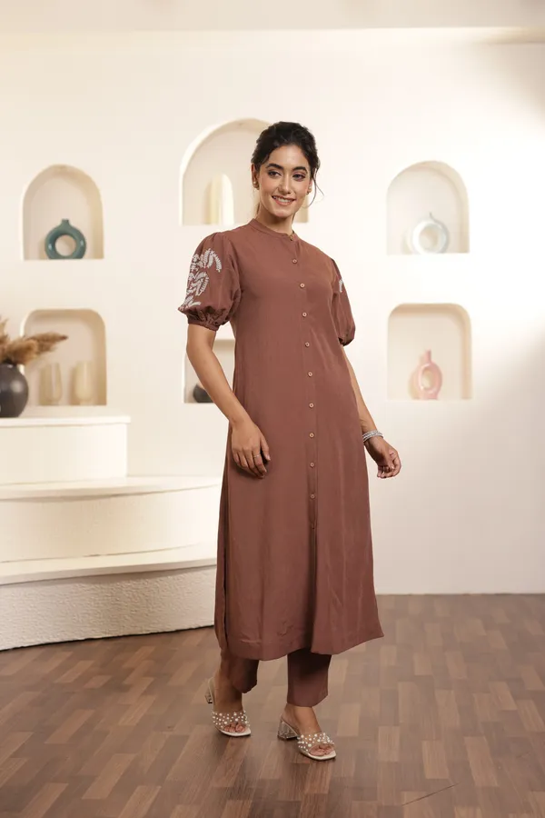 Brown_Cotton_Straight_Thread_Embroidered_Kurta_Set_For_Women