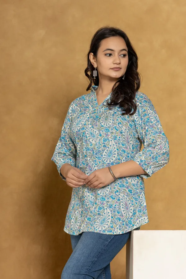 Sky_Blue_Cotton_Short_Printed_Kurta_For_Women