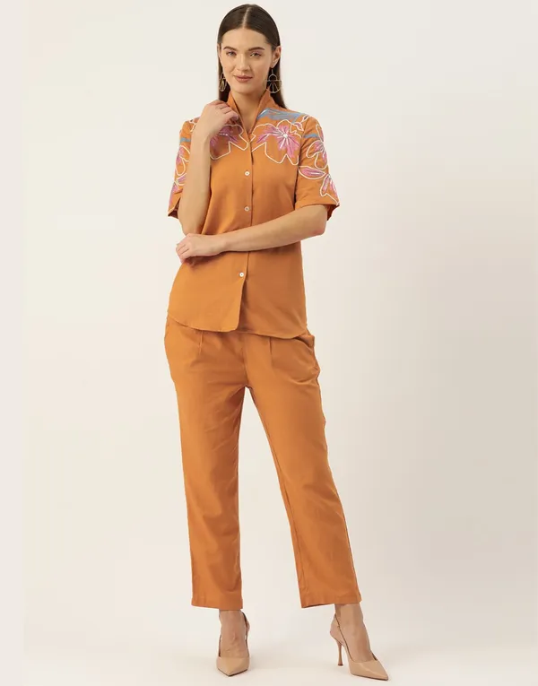 Mustard_Rayon_Embroidered_Shirt_Pant_Set_For_Women