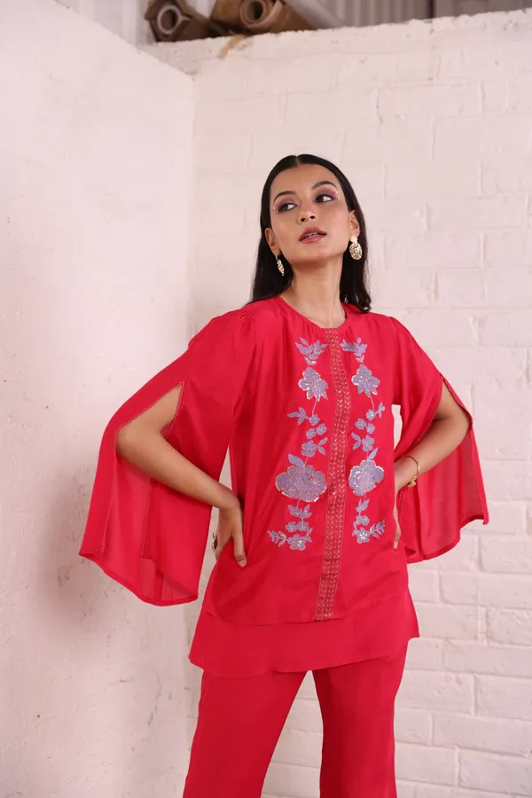 Red_Santoon_Split_Sleeve_Embroidered_Tunic_Top_With_Pants_For_Women