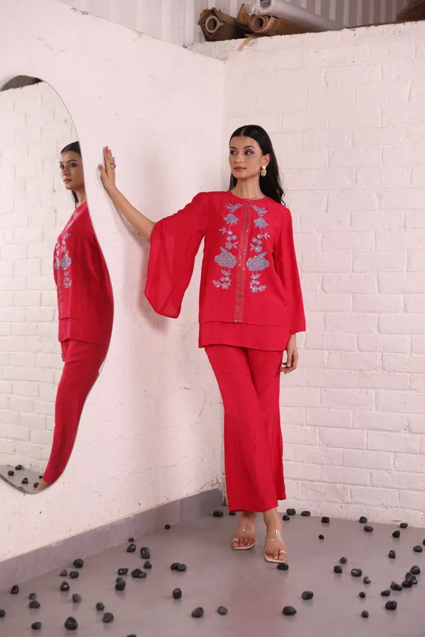 Red_Santoon_Split_Sleeve_Embroidered_Tunic_Top_With_Pants_For_Women