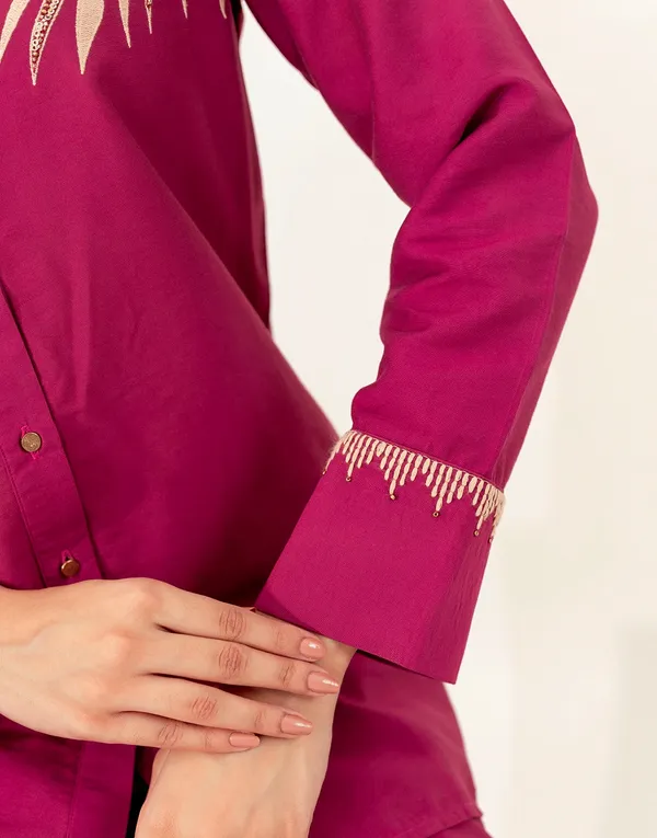 Maroon_Cotton_Embroidered_Tunic_Shirt_With_Pants_For_Women