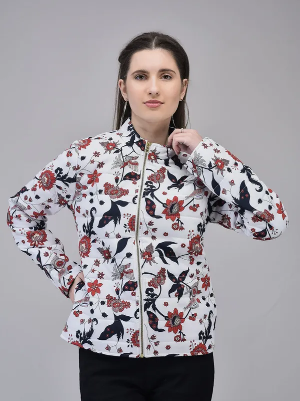 White_Poly_Silk_Puffed_Printed_Jacket_For_Women