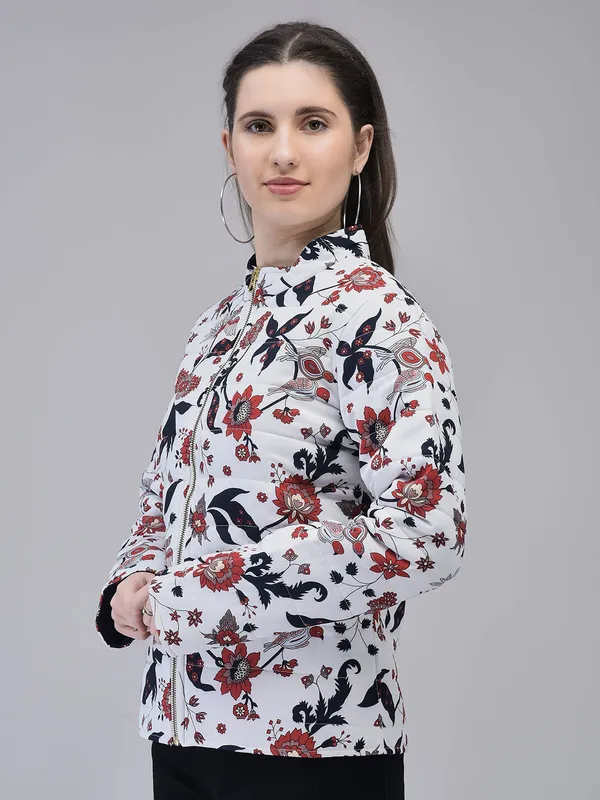White_Poly_Silk_Puffed_Printed_Jacket_For_Women