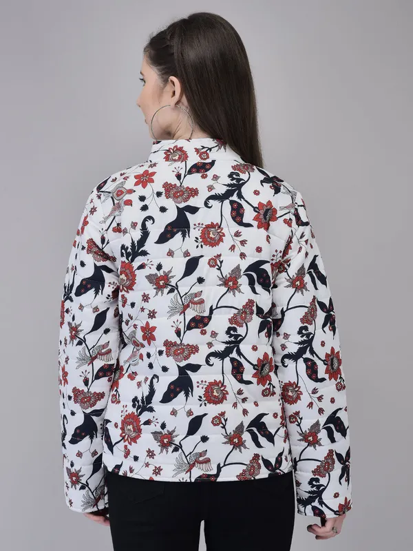 White_Poly_Silk_Puffed_Printed_Jacket_For_Women