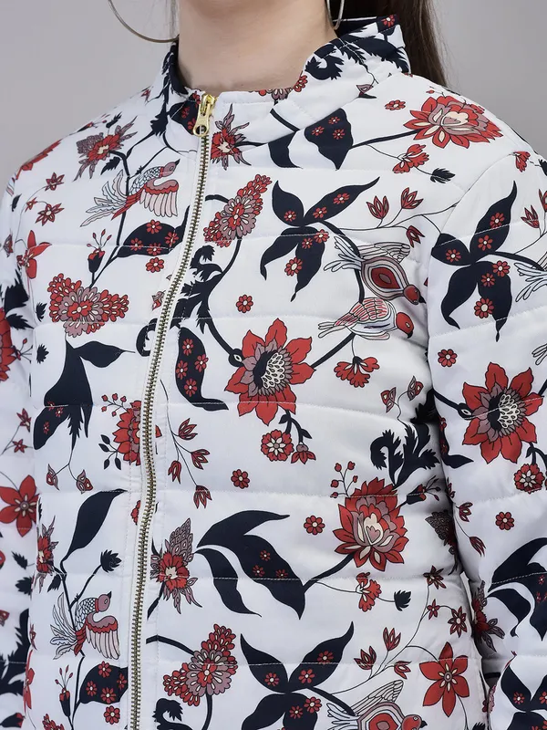 White_Poly_Silk_Puffed_Printed_Jacket_For_Women