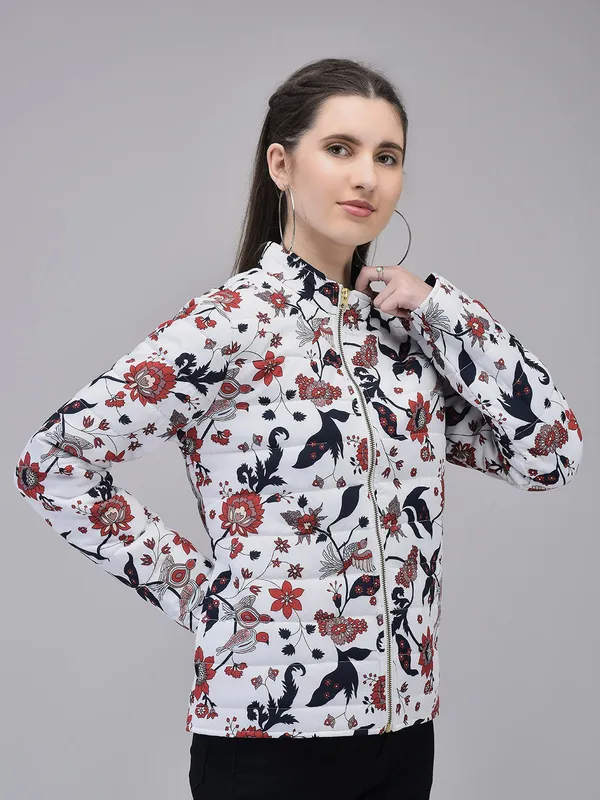 White_Poly_Silk_Puffed_Printed_Jacket_For_Women