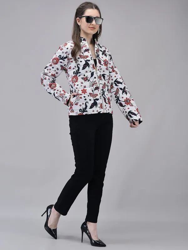 White_Poly_Silk_Puffed_Printed_Jacket_For_Women