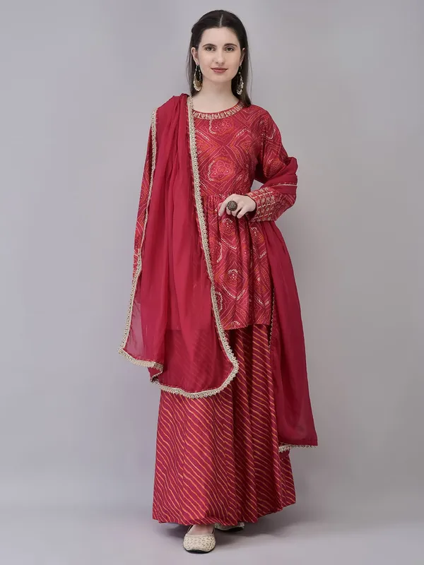Pink_Rayon_Bandhani_Flared_Kurta_With_Printed_Skirt_Dupatta_For_Women