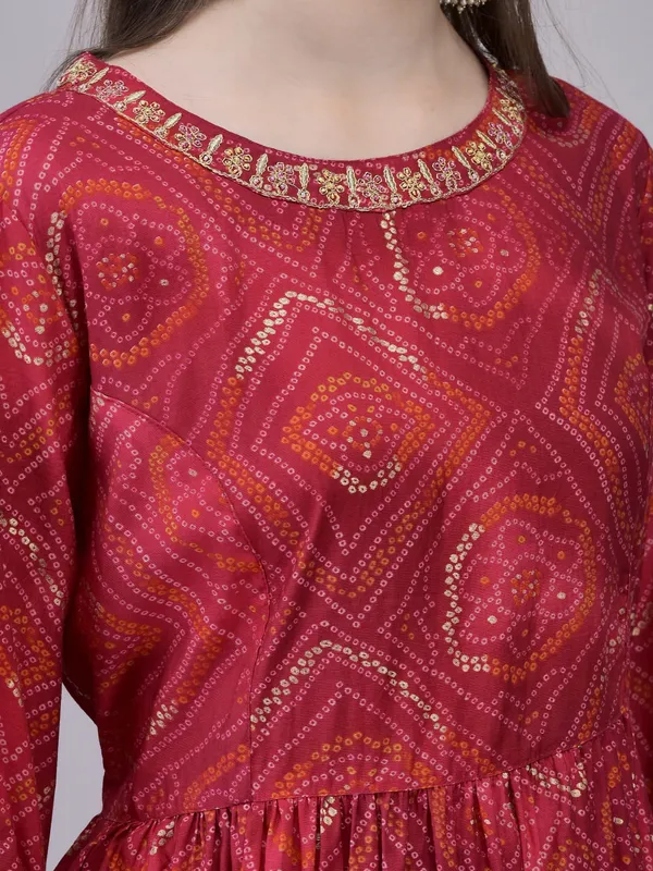 Pink_Rayon_Bandhani_Flared_Kurta_With_Printed_Skirt_Dupatta_For_Women
