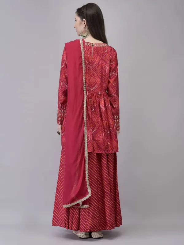 Pink_Rayon_Bandhani_Flared_Kurta_With_Printed_Skirt_Dupatta_For_Women