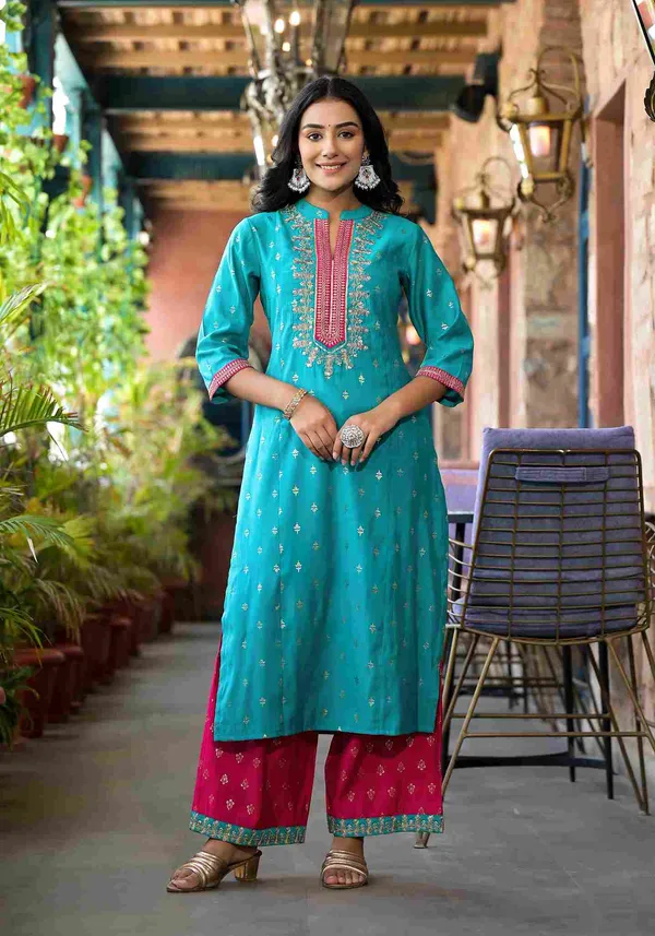 Turquoise_Rayon_Embroidered_Straight_Kurta_Suit_Set_With_Palazzo_Dupatta_For_Women