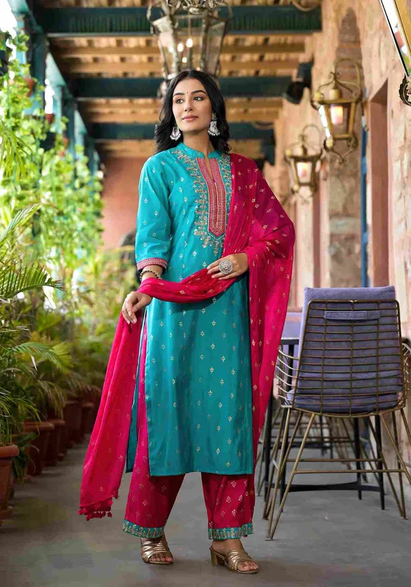 Turquoise_Rayon_Embroidered_Straight_Kurta_Suit_Set_With_Palazzo_Dupatta_For_Women