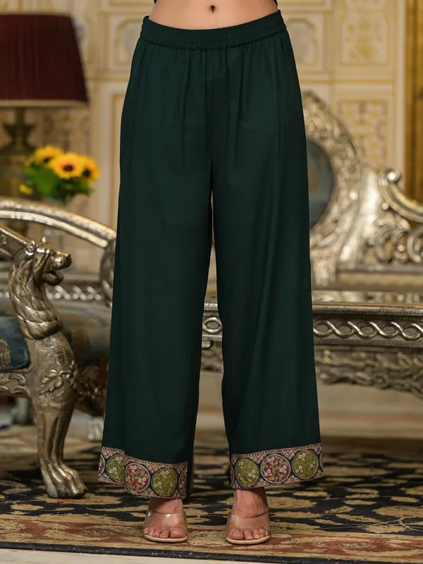 Dark_Green_Rayon_Flared_Embroidered_Kurta_With_Palazzo_For_Women