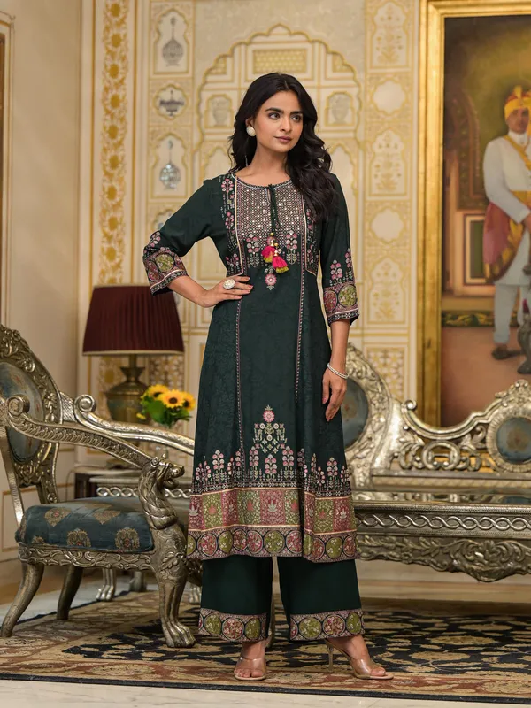Dark_Green_Rayon_Flared_Embroidered_Kurta_With_Palazzo_For_Women