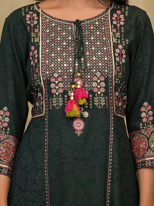 Dark_Green_Rayon_Flared_Embroidered_Kurta_With_Palazzo_For_Women