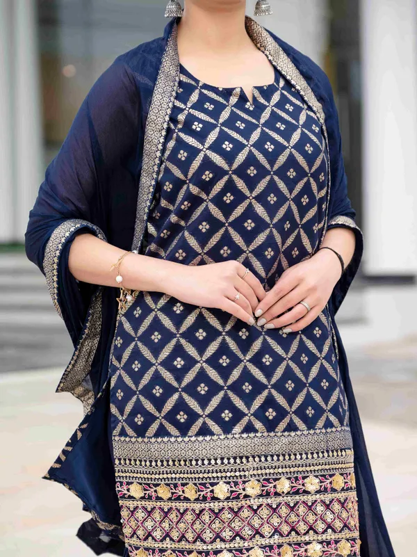 Dark_Blue_Chanderi_Muslin_Embroidered_Straight_Kurta_Gharara_Suit_Set_For_Women
