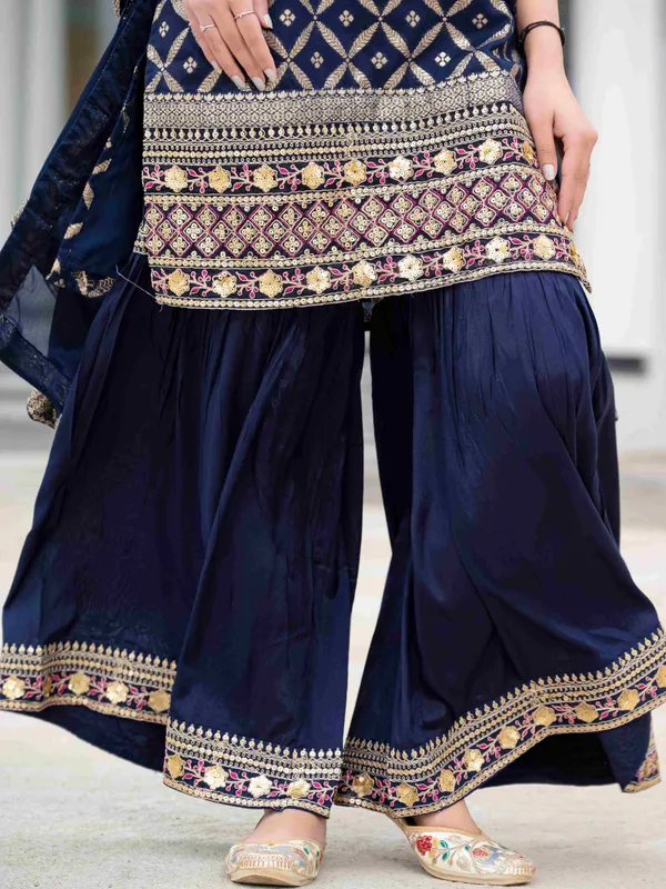 Dark_Blue_Chanderi_Muslin_Embroidered_Straight_Kurta_Gharara_Suit_Set_For_Women